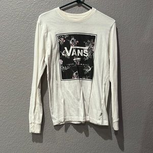 Vans White Long Sleeve T-Shirt With Logo and Floral Pattern Women’s Size Small
